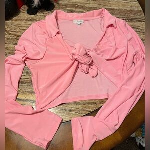 Long sleeve crop pink tie up dressy shirt